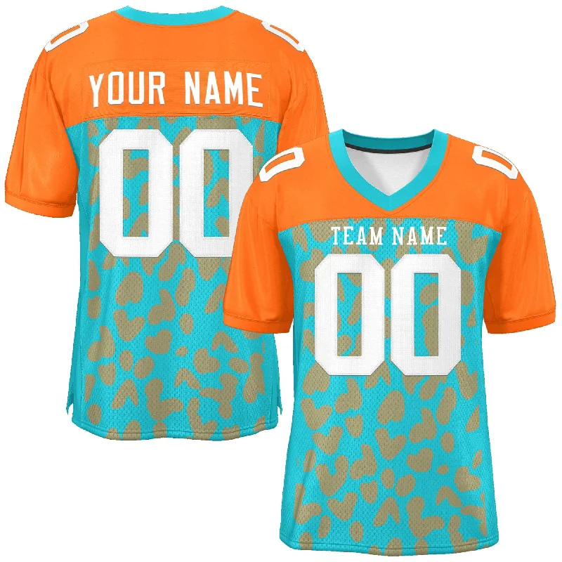 Football Jerseys For Fun & Leisure Activities-Custom Aqua Orange Raglan Sleeves Personalized Camo Authentic Football Jersey