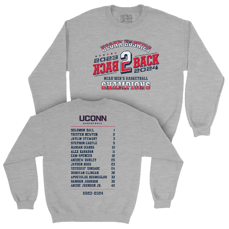 Custom Basketball Jerseys For VIP Events-UCONN MBB 2024 National Champions Back to Back Graphic Sport Grey Crew