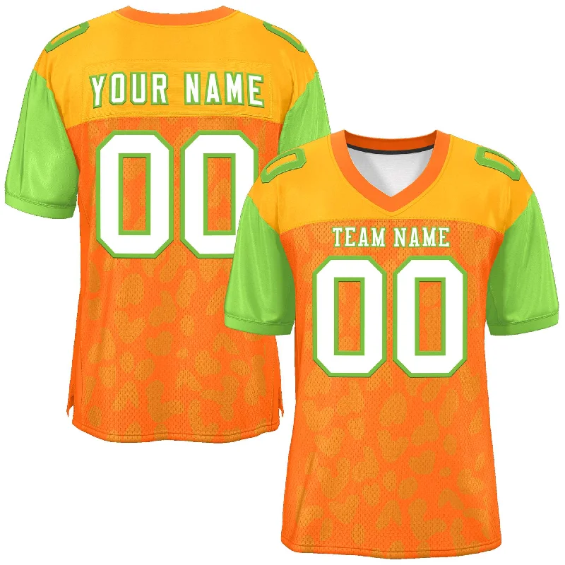 Personalized Football Jerseys For Tournaments-Custom Orange Yellow-Neon Green Raglan Sleeves Personalized Camo Authentic Football Jersey