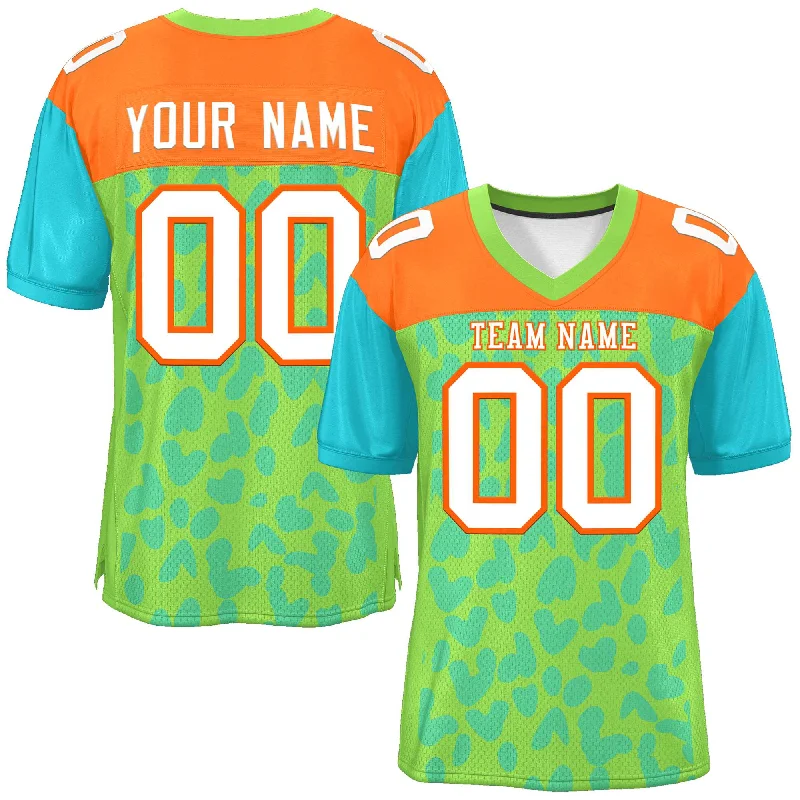 Personalized Football Jerseys For Tournaments-Custom Neon Green Orange-Aqua Raglan Sleeves Personalized Camo Authentic Football Jersey