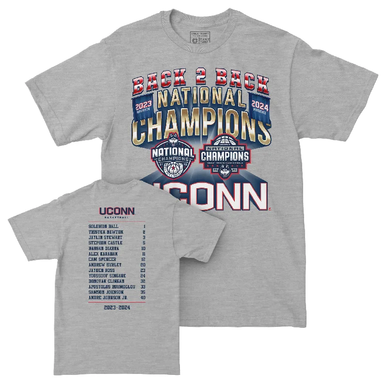 Basketball Jerseys For Team Building Events-UCONN MBB 2024 National Champions Back to Back Banners Sport Grey T-shirt