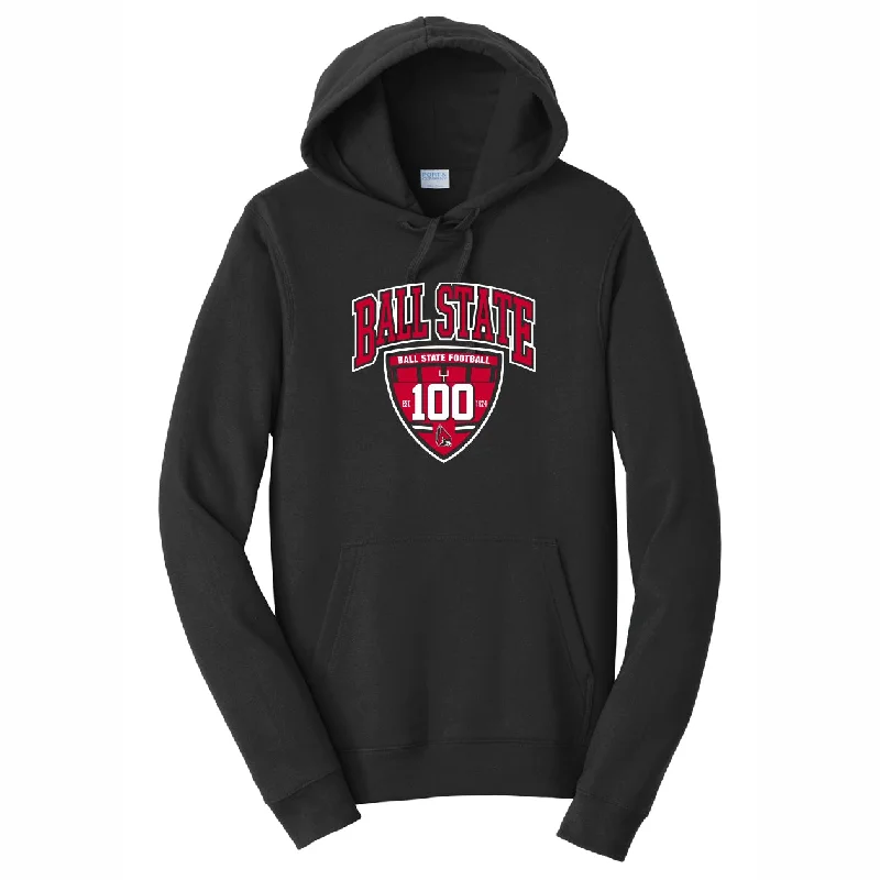 Football Jerseys With Custom Fabric Options-Ball State Football 2024 Black 100 Years Shield Hoodie