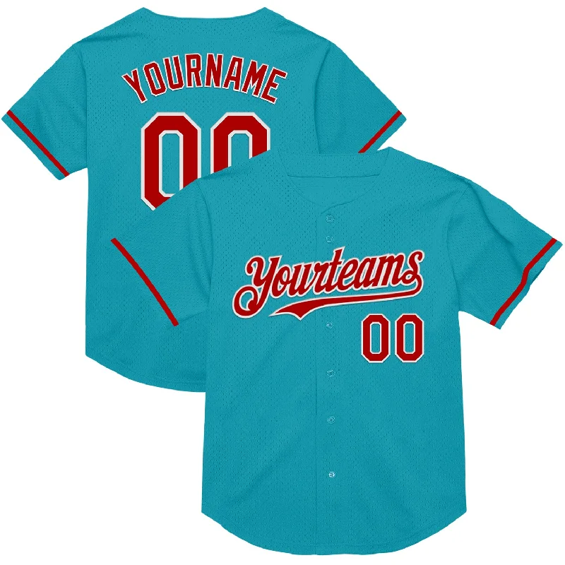 Baseball Jerseys For Community Support Events-Custom Teal Red-White Mesh Authentic Throwback Baseball Jersey