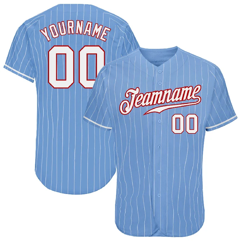 Custom Baseball Jerseys For Club Competitions-Custom Light Blue White Pinstripe White-Red Authentic Baseball Jersey