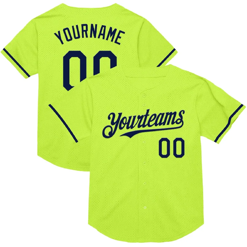 Custom Baseball Jerseys For Special Requests-Custom Neon Green Navy Mesh Authentic Throwback Baseball Jersey