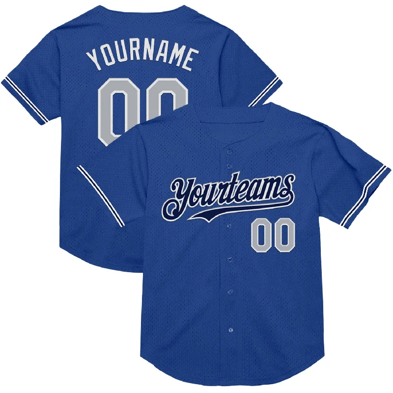 Personalized Baseball Jerseys For Alumni Teams-Custom Royal Gray-Navy Mesh Authentic Throwback Baseball Jersey