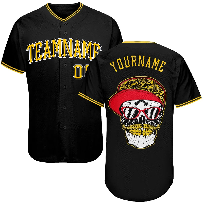 Baseball Jerseys For Local Supporter Events-Custom Black Gold-White Authentic Skull Fashion Baseball Jersey