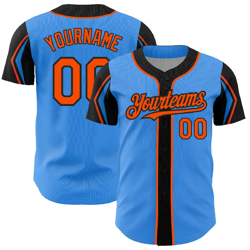 Baseball Jerseys For Youth & Junior Leagues-Custom Electric Blue Orange-Black 3 Colors Arm Shapes Authentic Baseball Jersey