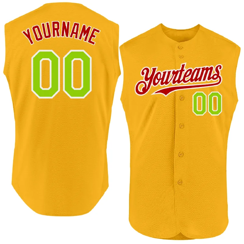 Personalized Baseball Jerseys For Corporate Gifts-Custom Gold Neon Green-Red Authentic Sleeveless Baseball Jersey