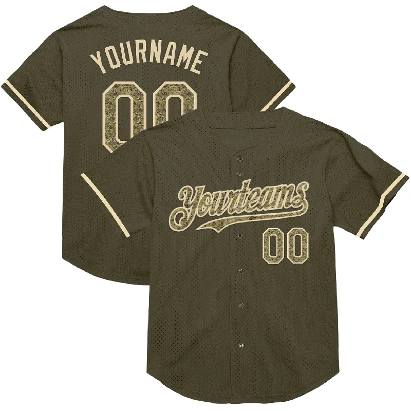 Baseball Jerseys With Embroidered Player Numbers-Custom Olive Camo-Cream Mesh Authentic Throwback Salute To Service Baseball Jersey