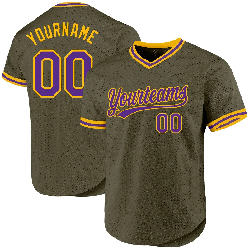 Custom Baseball Jerseys For International Tournaments-Custom Olive Purple-Gold Authentic Throwback Salute To Service Baseball Jersey