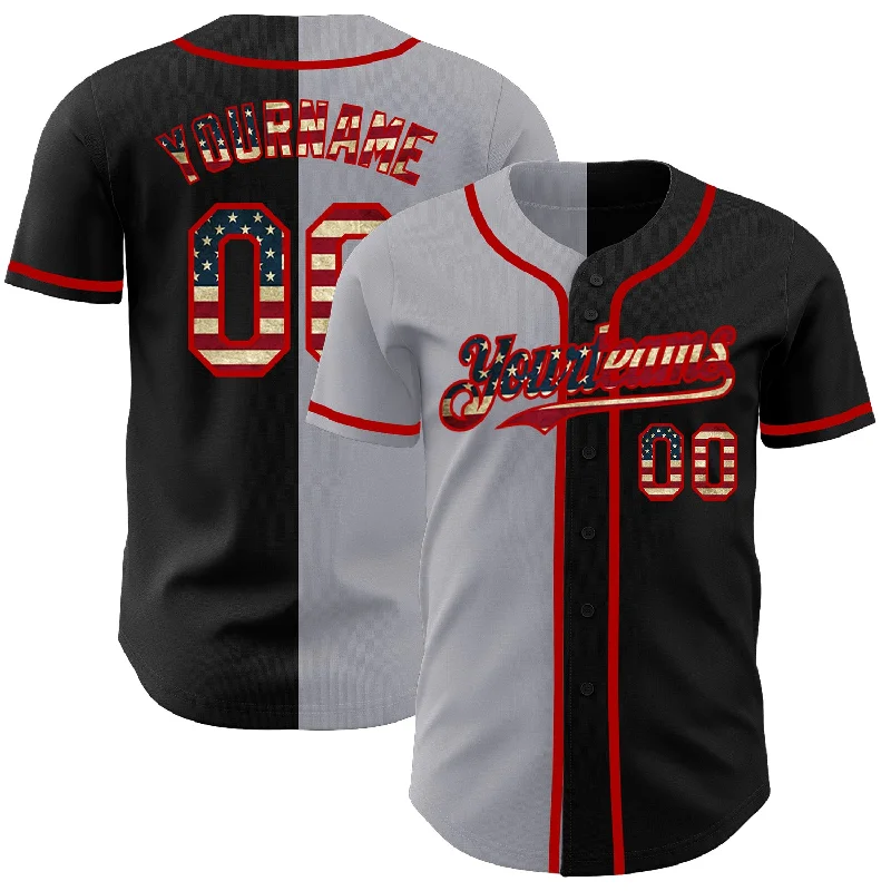 Baseball Jerseys For Local Leagues-Custom Black Vintage USA Flag Gray-Red Authentic Split Fashion Baseball Jersey