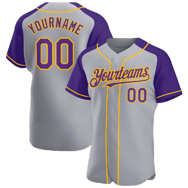 Baseball Jerseys For Promotional Campaigns-Custom Gray Purple-Gold Authentic Raglan Sleeves Baseball Jersey