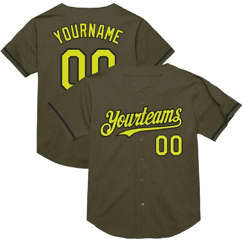 Custom Baseball Jerseys For Regional Tournaments-Custom Olive Neon Yellow-Black Mesh Authentic Throwback Salute To Service Baseball Jersey