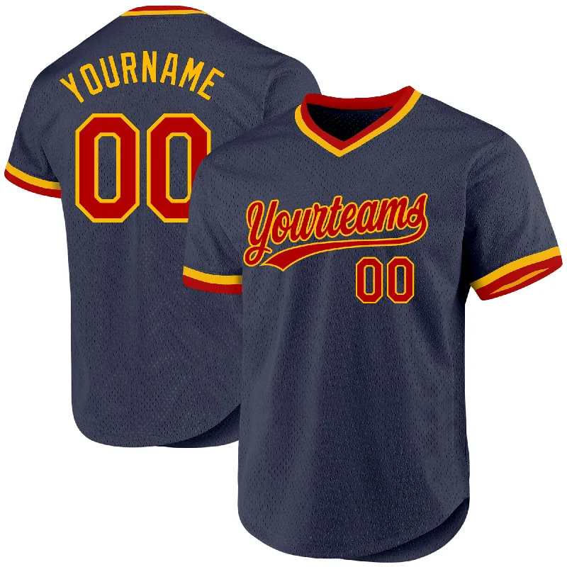 Personalized Baseball Jerseys For Gift Giving-Custom Navy Red-Gold Authentic Throwback Baseball Jersey