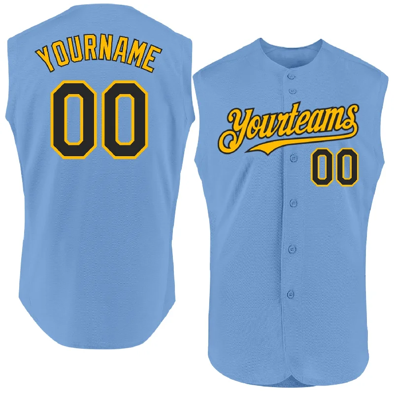 Custom Baseball Jerseys For Event Appearances-Custom Light Blue Black-Gold Authentic Sleeveless Baseball Jersey