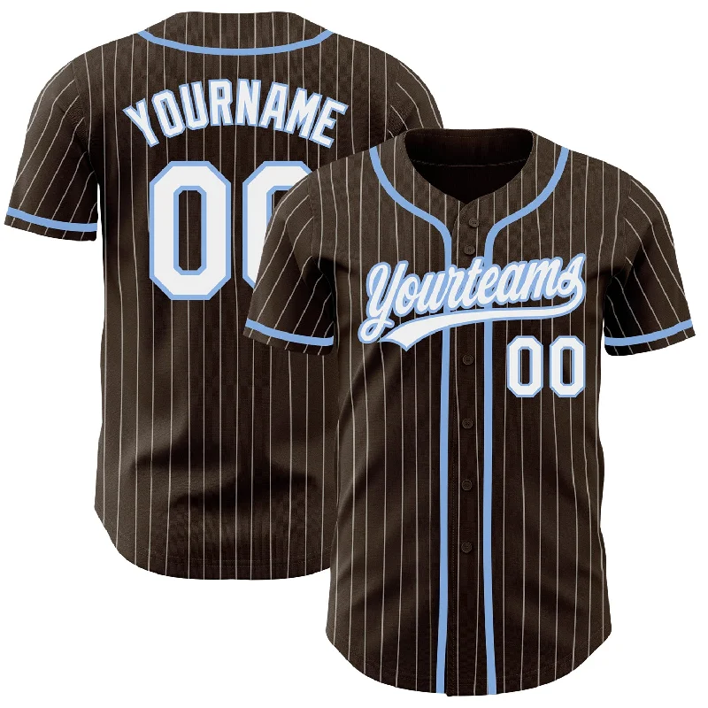 Personalized Baseball Jerseys For College Events-Custom Brown White Pinstripe Light Blue Authentic Baseball Jersey