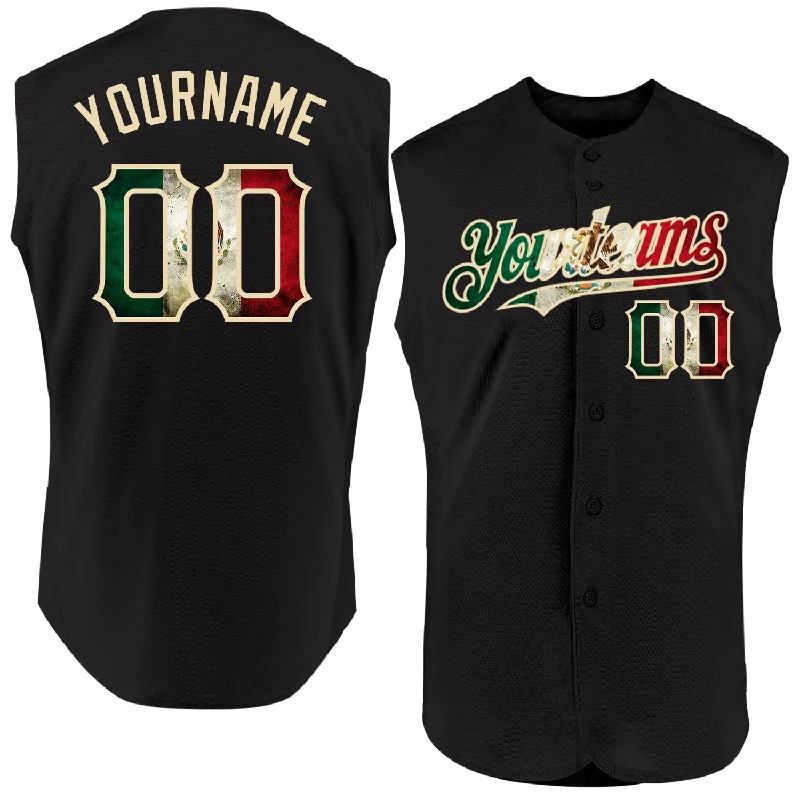 Personalized Baseball Jerseys For Supporters-Custom Black Vintage Mexican Flag-Cream Authentic Sleeveless Baseball Jersey