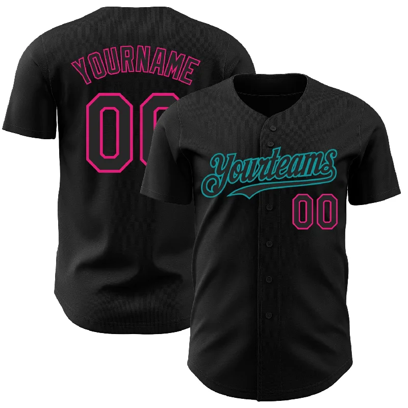 Custom Baseball Jerseys For Player Gifts-Custom Black Hot Pink-Teal Authentic Baseball Jersey