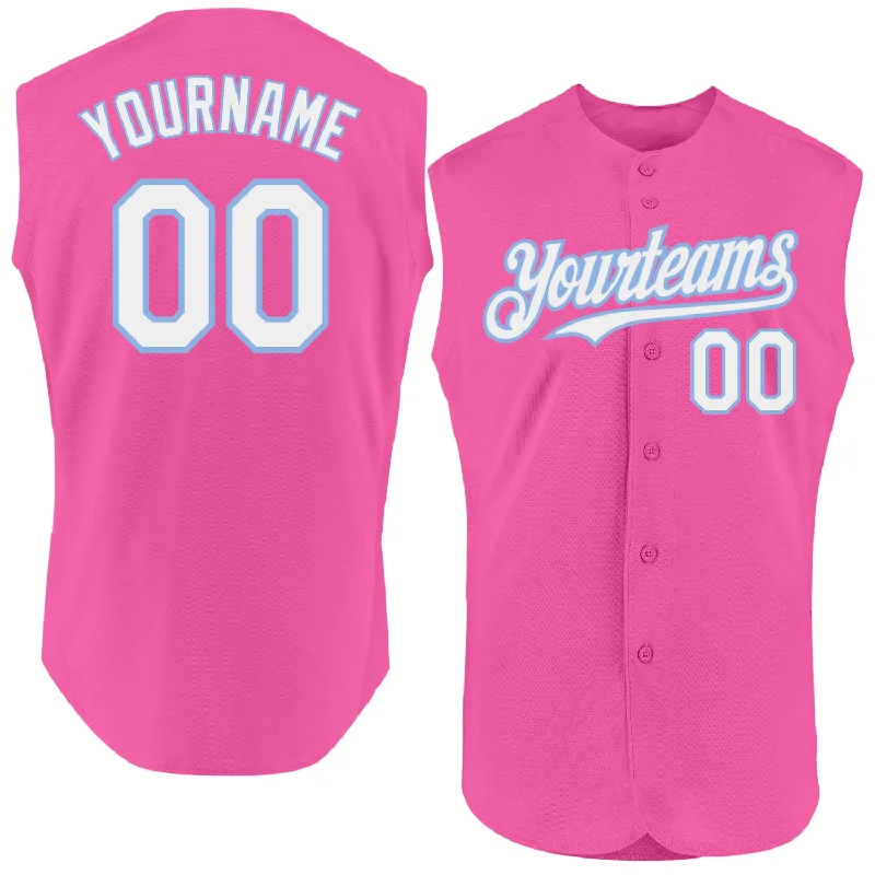 Baseball Jerseys With Player Customization Options-Custom Pink White-Light Blue Authentic Sleeveless Baseball Jersey