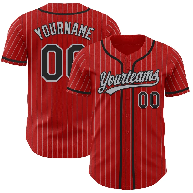 Baseball Jerseys With Custom Number Placement-Custom Red Gray Pinstripe Black Authentic Baseball Jersey