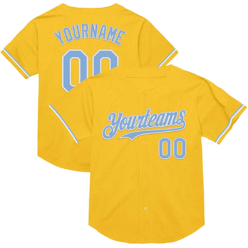 Personalized Baseball Jerseys For Special Teams-Custom Gold Light Blue-White Mesh Authentic Throwback Baseball Jersey