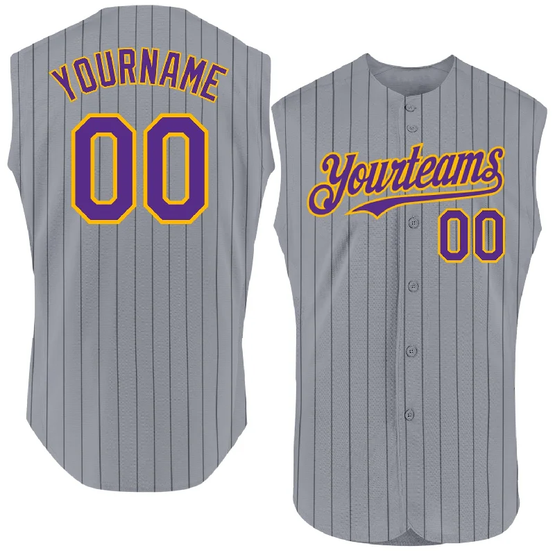 Personalized Baseball Jerseys For High School Teams-Custom Gray Black Pinstripe Purple-Gold Authentic Sleeveless Baseball Jersey