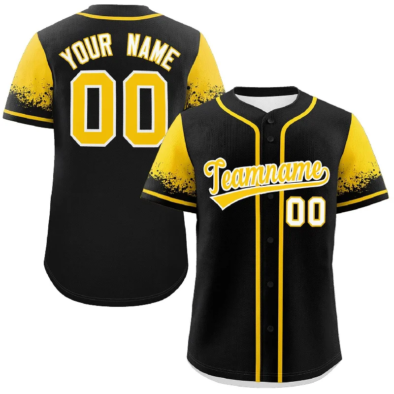 Custom Baseball Jerseys For International Tournaments-Custom Black Gold Personalized Raglan Sleeves Design Authentic Baseball Jersey