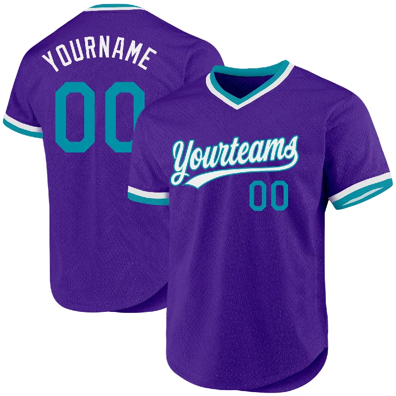 Custom Baseball Jerseys With Sponsor Logos-Custom Purple Teal-White Authentic Throwback Baseball Jersey