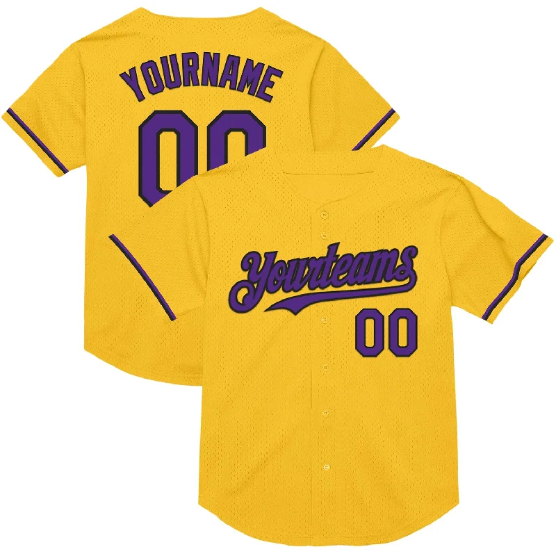 Custom Baseball Jerseys For School Sports Events-Custom Gold Purple-Black Mesh Authentic Throwback Baseball Jersey