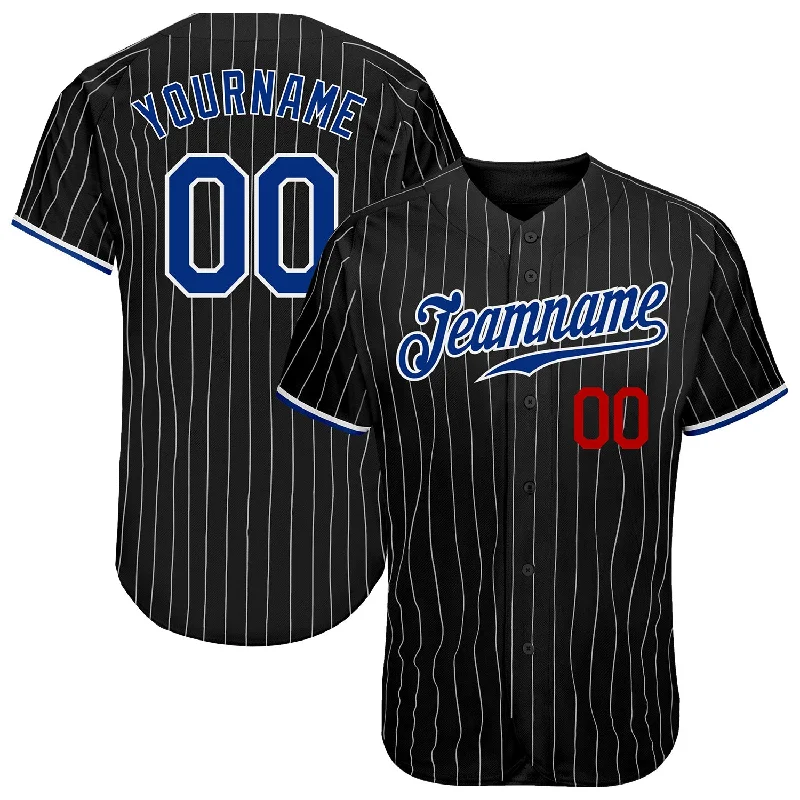 Custom Baseball Jerseys With Text & Logo-Custom Black White Pinstripe Royal-Red Authentic Baseball Jersey