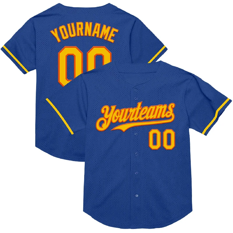 Personalized Baseball Jerseys For Charity Auctions-Custom Royal Yellow-Orange Mesh Authentic Throwback Baseball Jersey