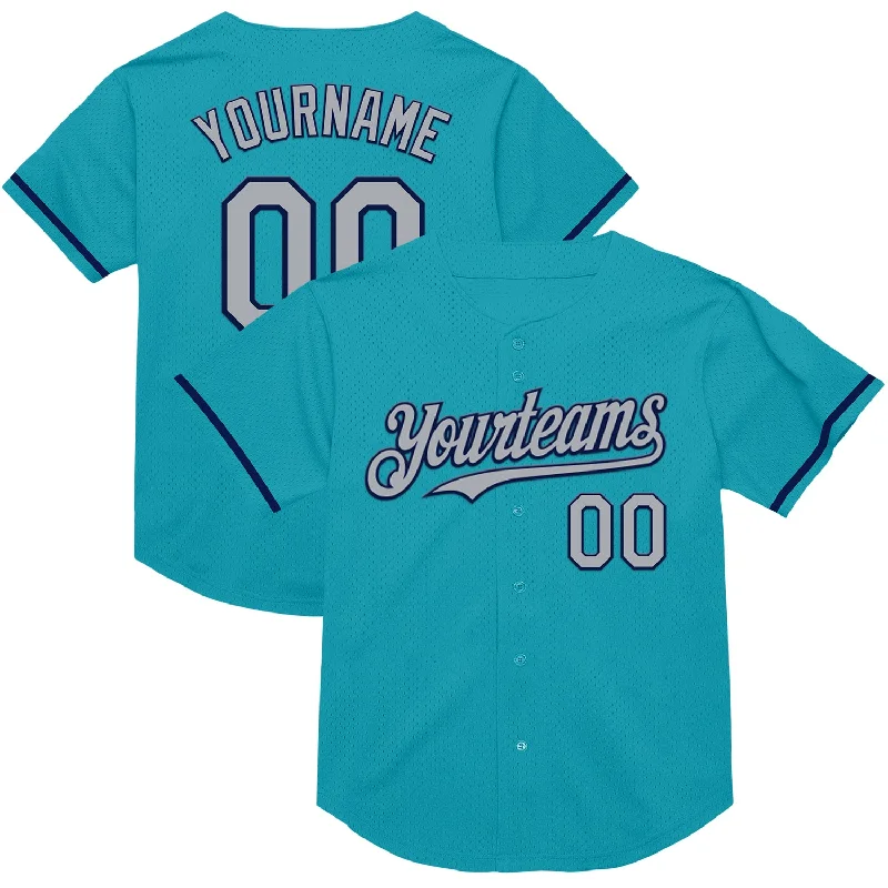 Personalized Baseball Jerseys For Player Participation-Custom Teal Gray-Navy Mesh Authentic Throwback Baseball Jersey