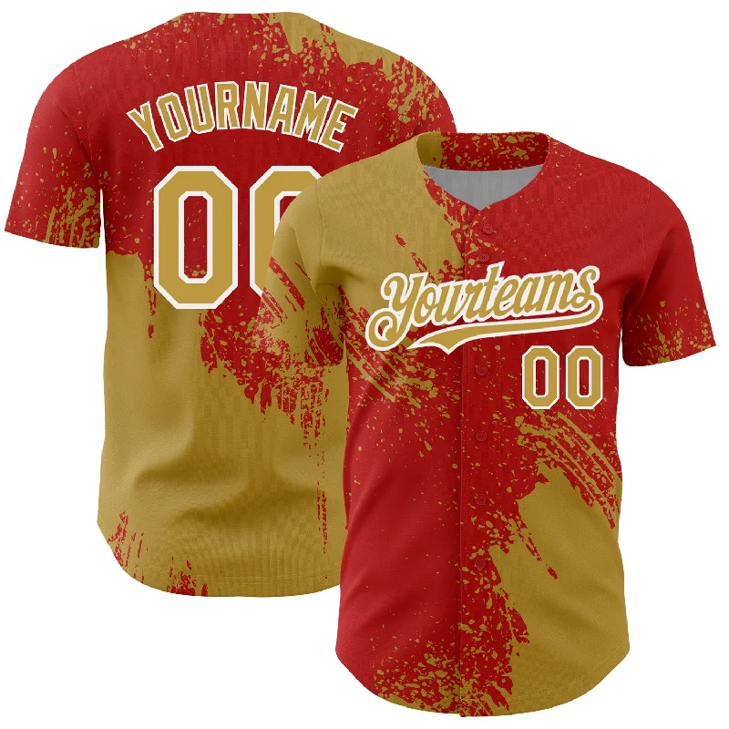 Personalized Baseball Jerseys For Competitive Teams-Custom Old Gold Red-White 3D Pattern Design Abstract Brush Stroke Authentic Baseball Jersey