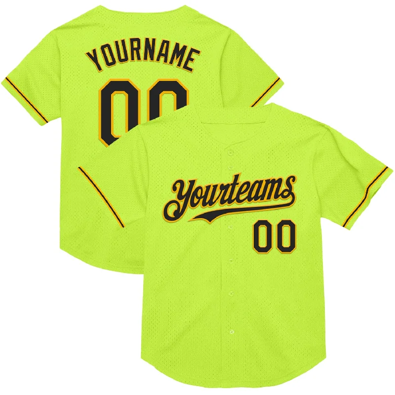 Custom Baseball Jerseys For School Sports Events-Custom Neon Green Black-Gold Mesh Authentic Throwback Baseball Jersey