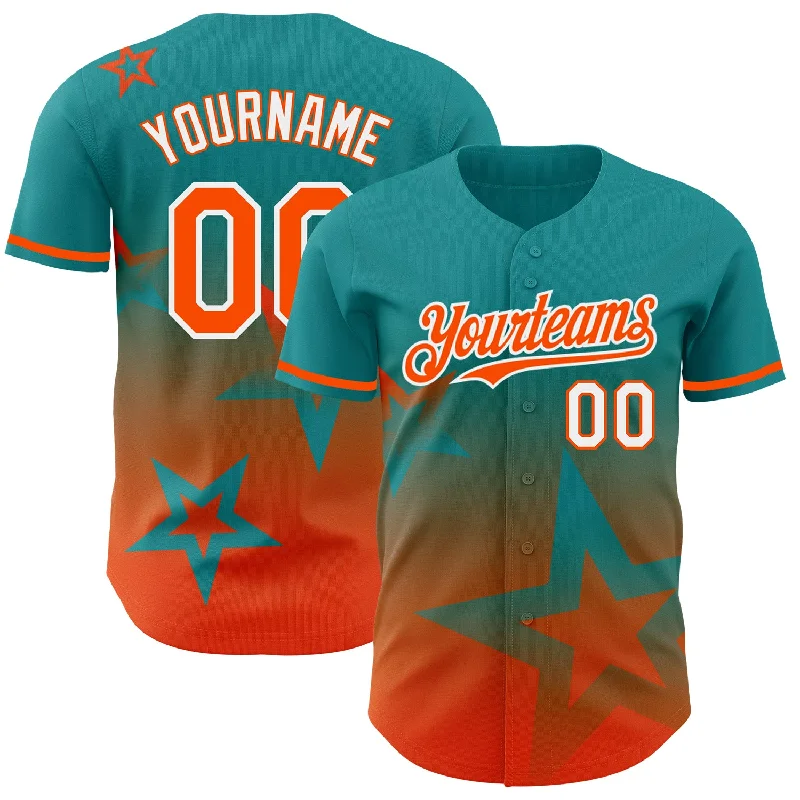 Personalized Baseball Jerseys For Regional Competitions-Custom Teal Orange-White 3D Pattern Design Gradient Style Twinkle Star Authentic Baseball Jersey