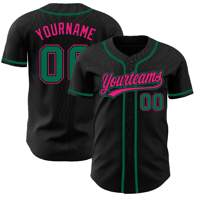 Personalized Baseball Jerseys For Tournaments-Custom Black Kelly Green-Hot Pink Authentic Baseball Jersey