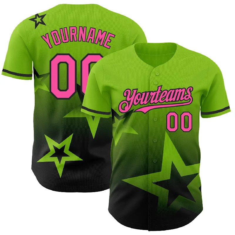 Personalized Baseball Jerseys For High School Teams-Custom Neon Green Pink-Black 3D Pattern Design Gradient Style Twinkle Star Authentic Baseball Jersey