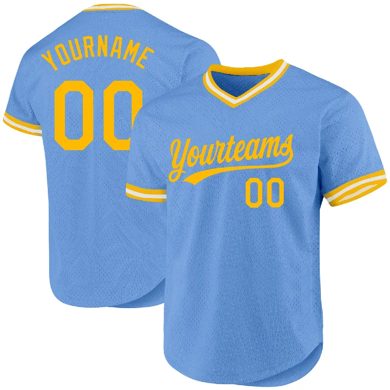 Baseball Jerseys With Custom Fonts & Numbering-Custom Light Blue Gold-White Authentic Throwback Baseball Jersey