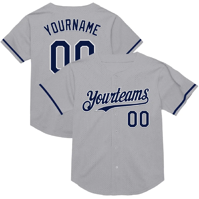 Baseball Jerseys With Player Customization Options-Custom Gray Navy-White Mesh Authentic Throwback Baseball Jersey