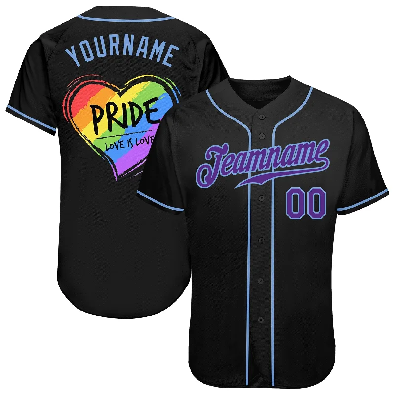 Baseball Jerseys For Official Team Apparel-Custom Black Purple-Light Blue Rainbow Colored Heart For Pride Love Is Love LGBT Authentic Baseball Jersey