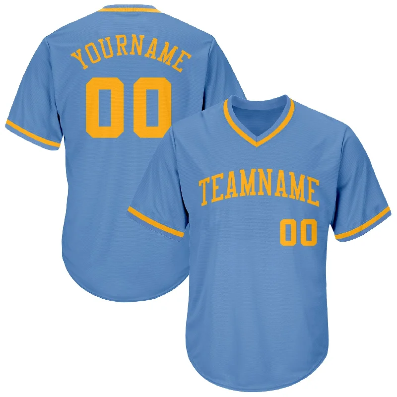 Personalized Baseball Jerseys-Custom Light Blue Gold Authentic Throwback Rib-Knit Baseball Jersey Shirt