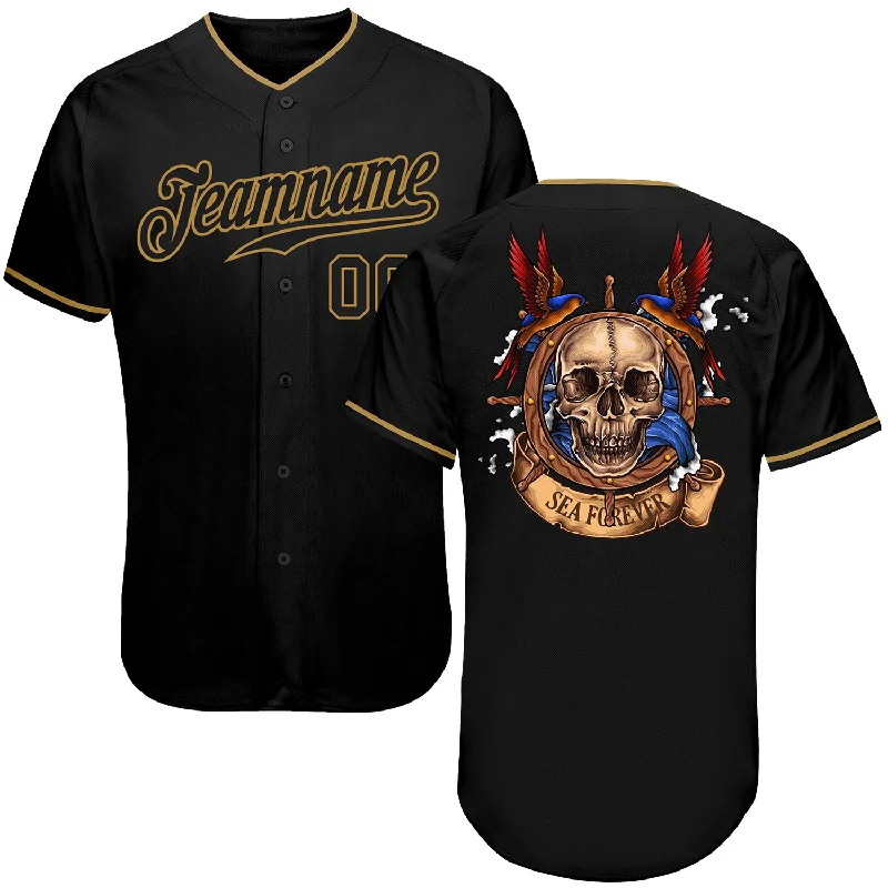 Baseball Jerseys For School Spirit Days-Custom Black Black-Old Gold Authentic Skull Fashion Baseball Jersey