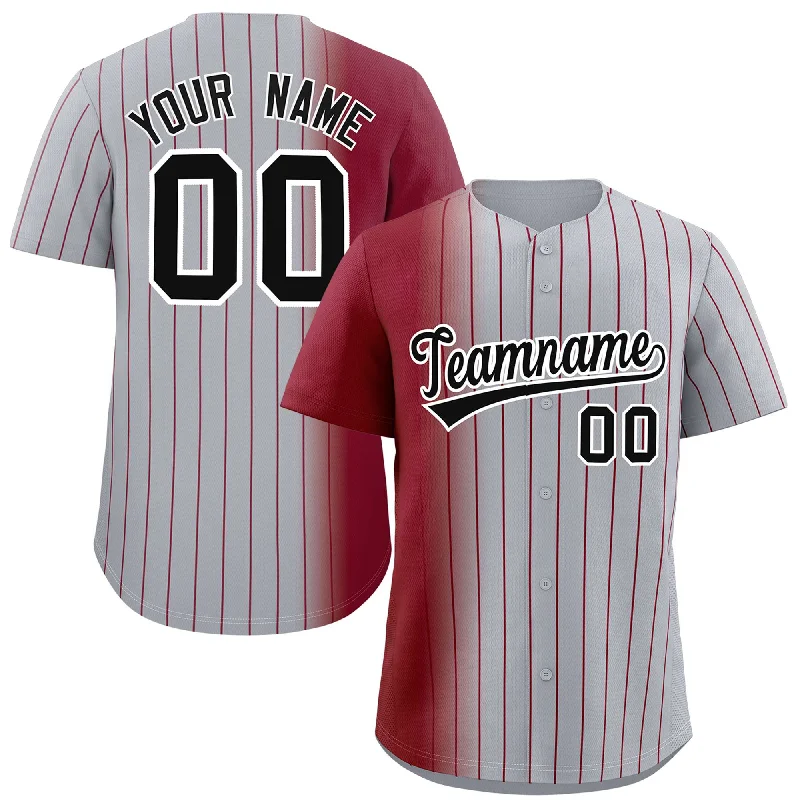 Customizable Baseball Jerseys-Custom Gray Crimson Pinstripe Personalized Gradient Authentic Baseball Jersey