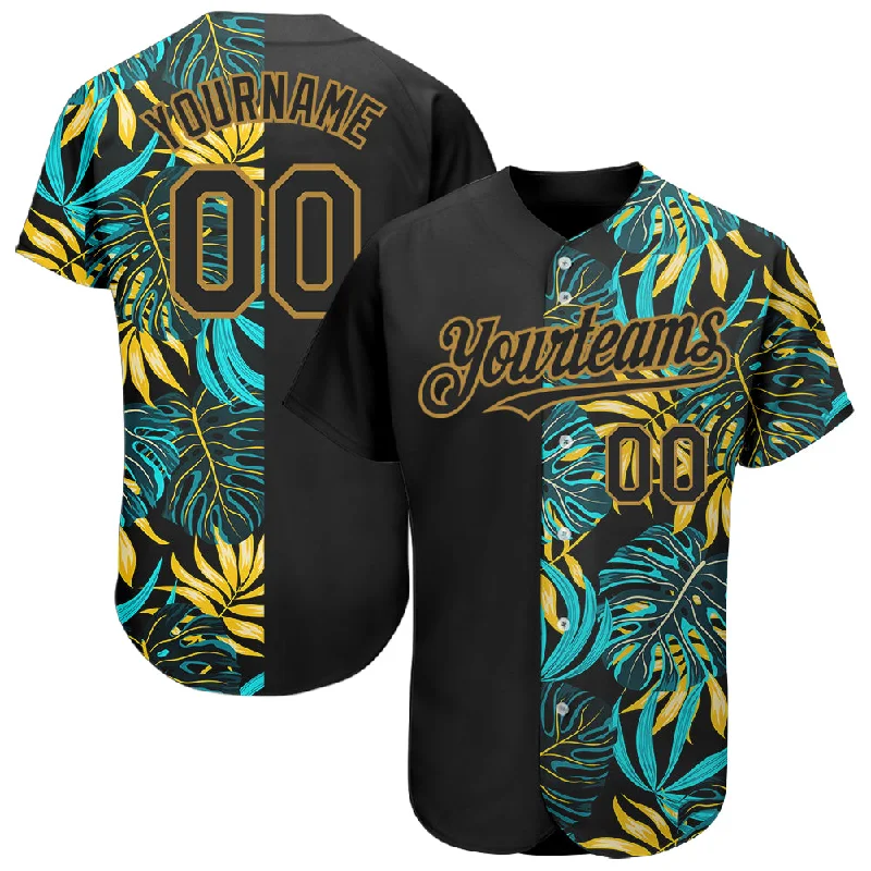 Baseball Jerseys For Professional Events-Custom Black Old Gold 3D Pattern Design Hawaii Tropical Palm Leaves Authentic Baseball Jersey