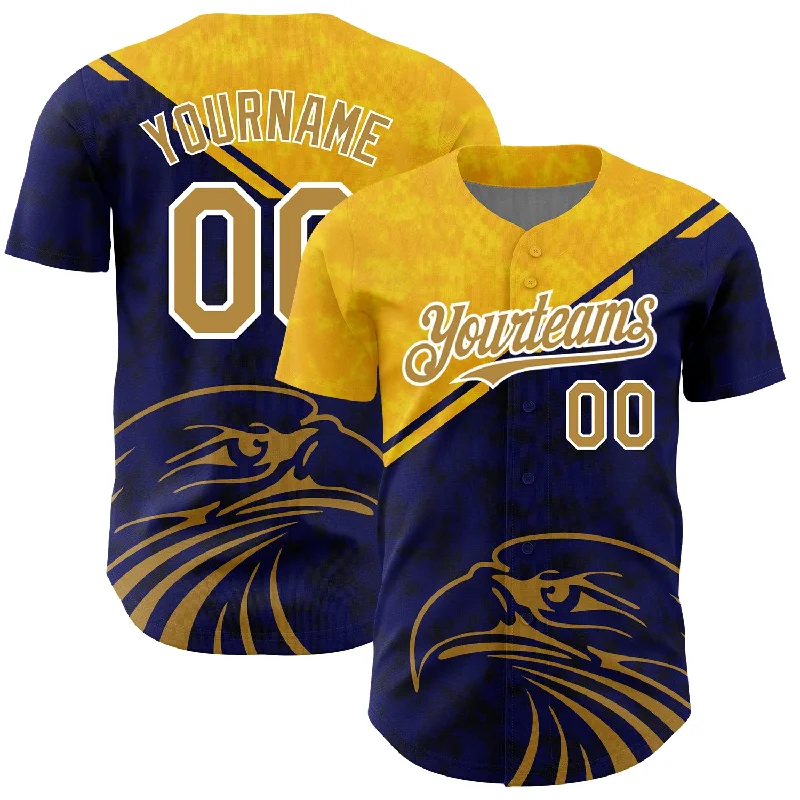 Custom Baseball Jerseys For School Uniforms-Custom Yellow Old Gold-Navy 3D Pattern Design Animal Eagle Authentic Baseball Jersey