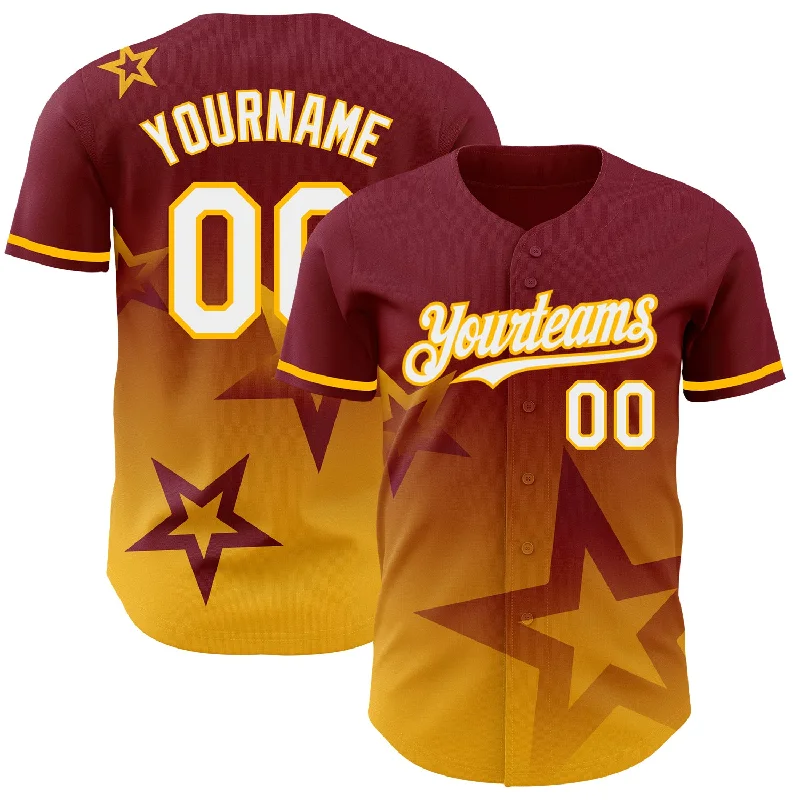 Custom Baseball Jerseys With Sponsor Logos-Custom Crimson White-Gold 3D Pattern Design Gradient Style Twinkle Star Authentic Baseball Jersey