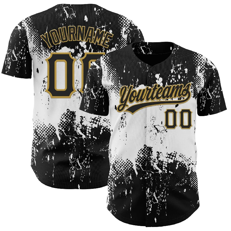 Baseball Jerseys For Local Leagues-Custom Black White-Old Gold 3D Pattern Design Abstract Splatter Grunge Art Authentic Baseball Jersey