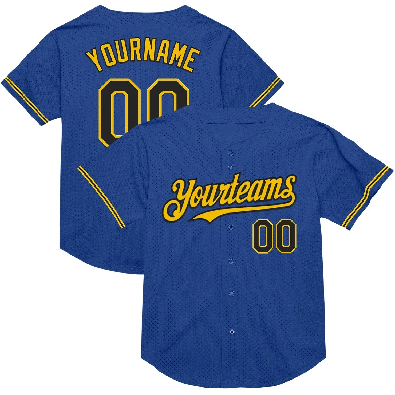 Personalized Baseball Jerseys For Local Supporters-Custom Royal Black-Yellow Mesh Authentic Throwback Baseball Jersey