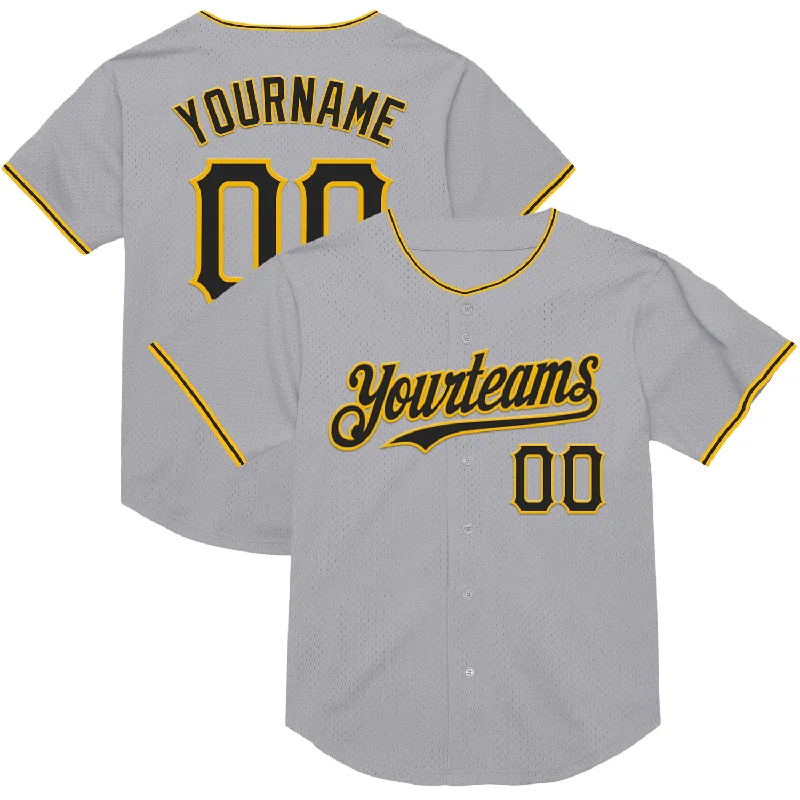 Personalized Baseball Jerseys For Fundraising Projects-Custom Gray Black-Gold Mesh Authentic Throwback Baseball Jersey